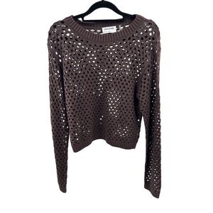 LNA Clothing Brown Open Knit Crochet Sweater Long Sleeve Crew Neck Small
